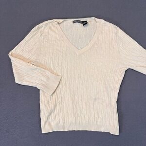 Takeout‎ Womens Silk Blend Sweater Sz Lg Cream Cable Knit Stretch LS Lightweight